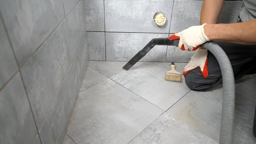 Soul Cleaners worker vacuuming debris from a newly renovated shower. The best post-construction cleaning in Lakewood
