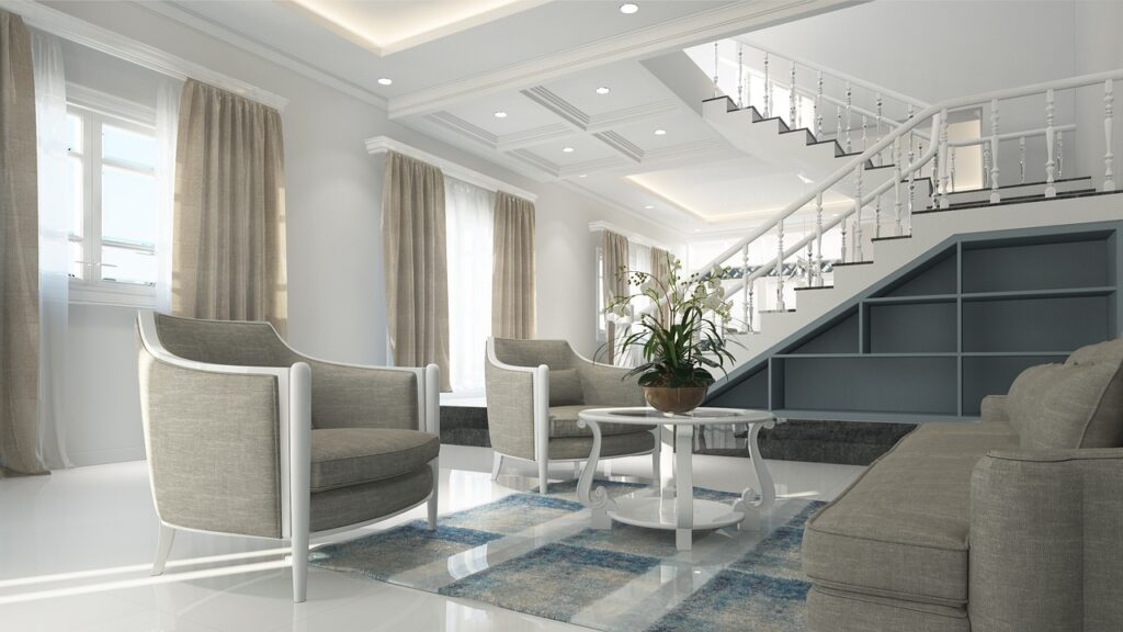Luxury living room space with a blue accent rug. Expert cleaning services from Soul Cleaners