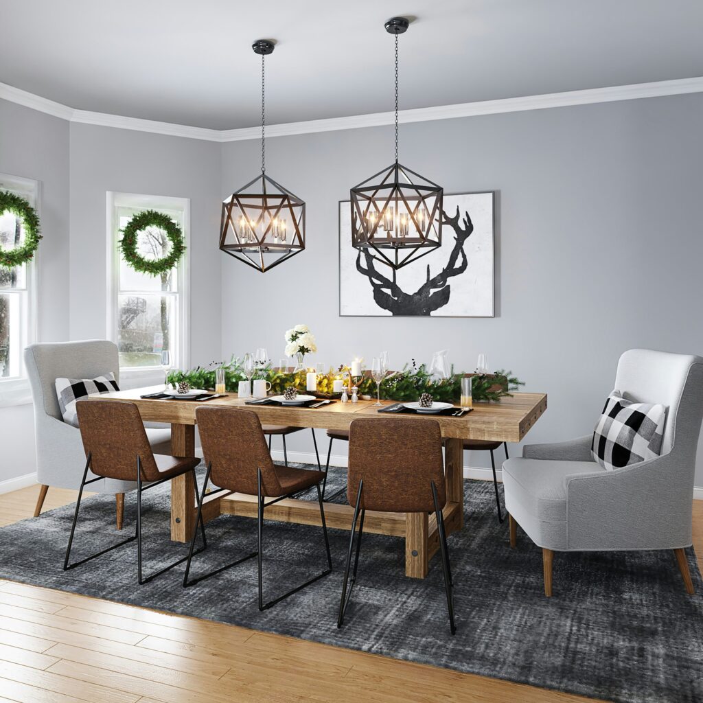 Professionally cleaned dining room area with a dark gray rug . The best cleaning services in Denver